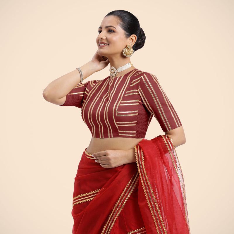 Shaheen x Tyohaar | Auburn Red Elbow Sleeves FlexiFit™ Saree Blouse with Zero Neck with Back Cut-Out and Golden Gota Embellishment-Binks