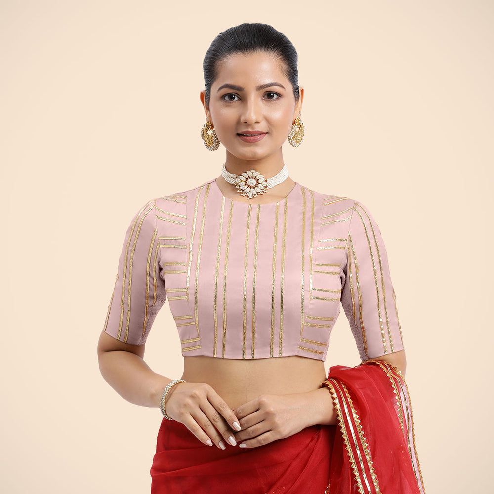 Shaheen x Tyohaar | Elbow Sleeves Baby Pink FlexiFit™ Gota Embellished Saree Blouse with Jewel Neck