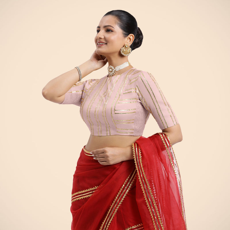 Shaheen x Tyohaar | Elbow Sleeves Baby Pink FlexiFit™ Gota Embellished Saree Blouse with Jewel Neck-Binks