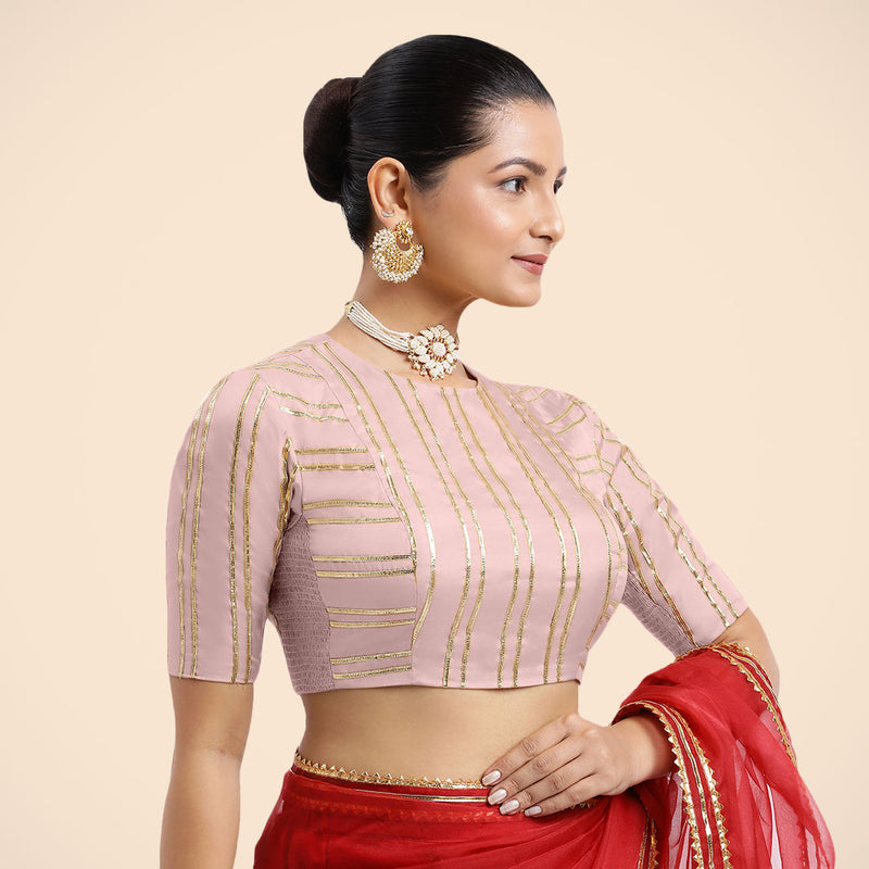 Shaheen x Tyohaar | Elbow Sleeves Baby Pink FlexiFit™ Gota Embellished Saree Blouse with Jewel Neck-Binks