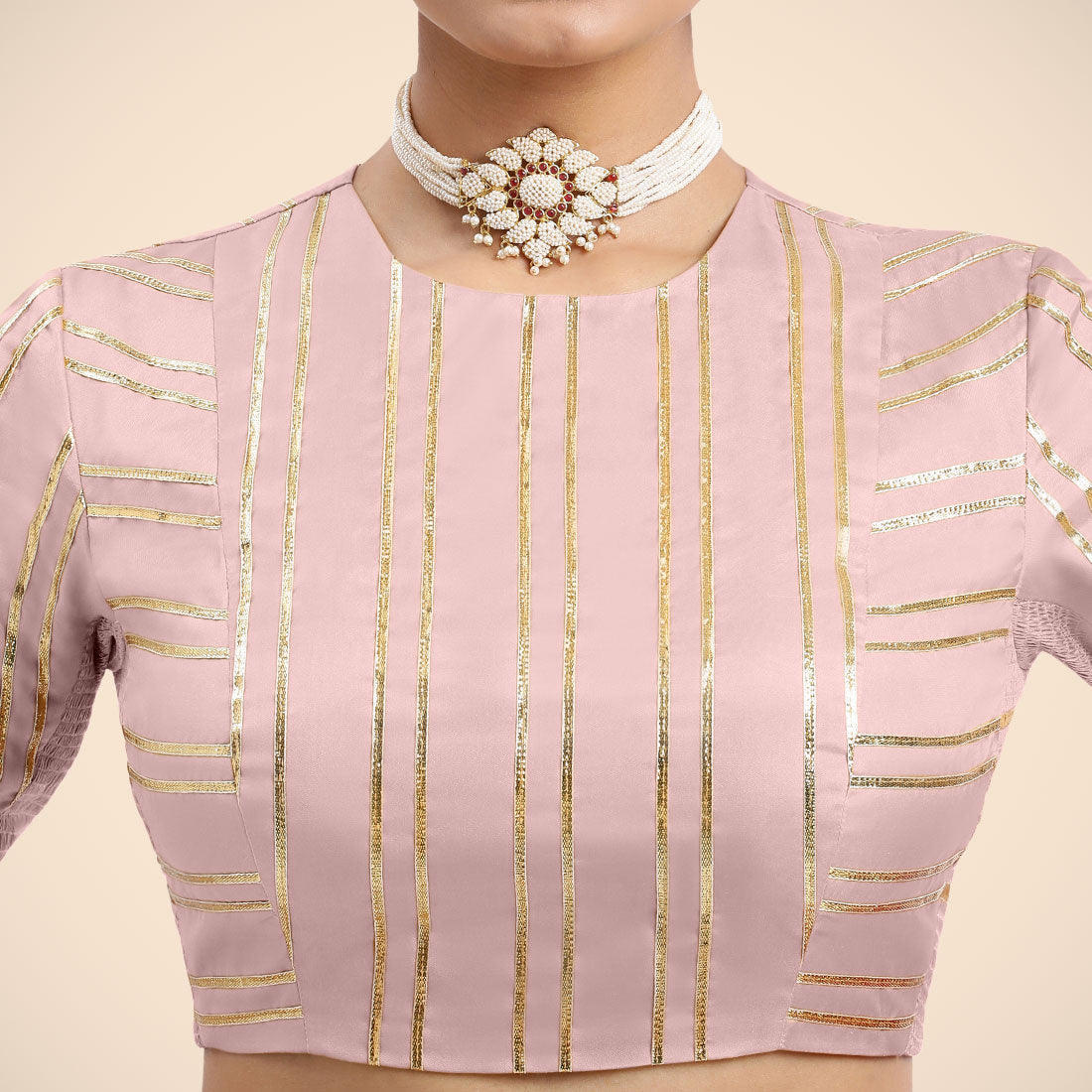 Shaheen x Tyohaar Saree Blouse, in Pink Vegan Silk, featuring elbow sleeves and jewel neckline, made for party & festive.