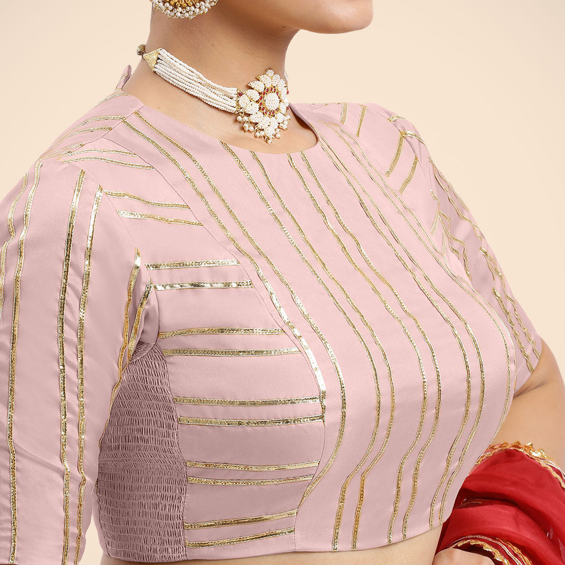 Shaheen x Tyohaar Saree Blouse, in Pink Vegan Silk, featuring elbow sleeves and jewel neckline, made for party & festive.
