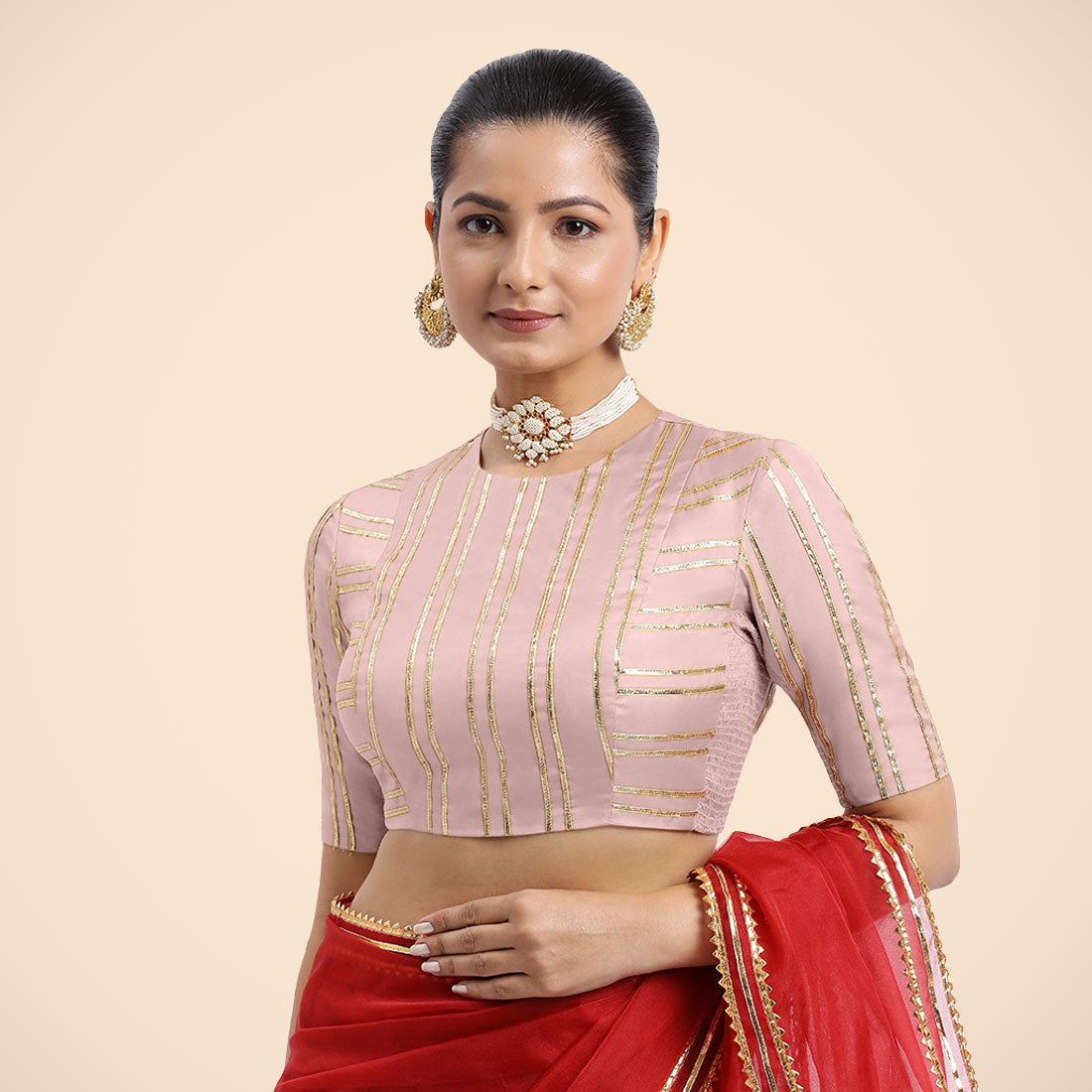 Shaheen x Tyohaar Saree Blouse, in Pink Vegan Silk, featuring elbow sleeves and jewel neckline, made for party & festive.