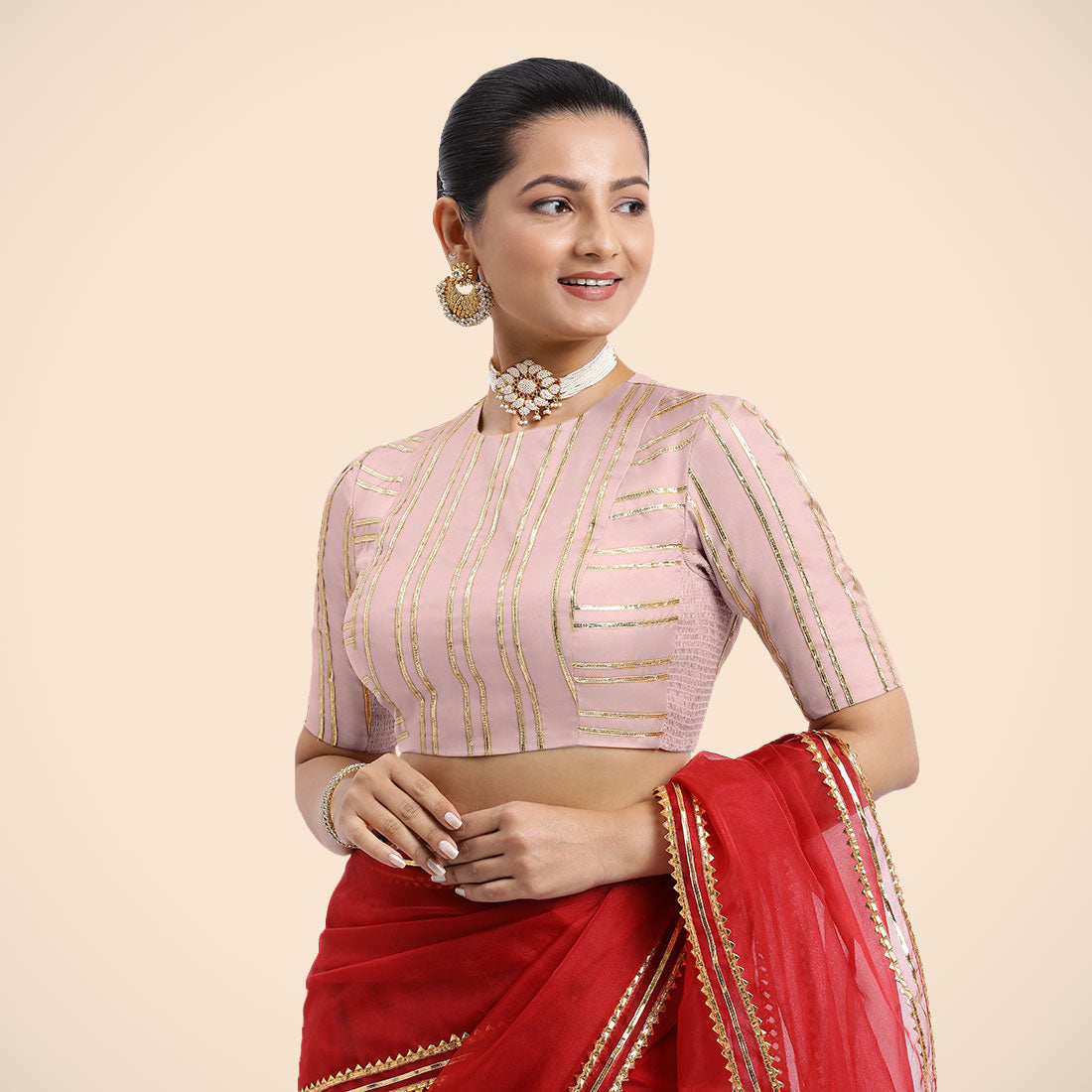Shaheen x Tyohaar Saree Blouse, in Pink Vegan Silk, featuring elbow sleeves and jewel neckline, made for party & festive.