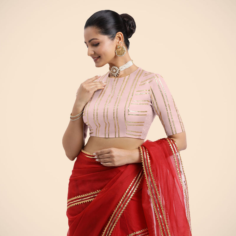 Shaheen x Tyohaar | Elbow Sleeves Baby Pink FlexiFit™ Gota Embellished Saree Blouse with Jewel Neck-Binks