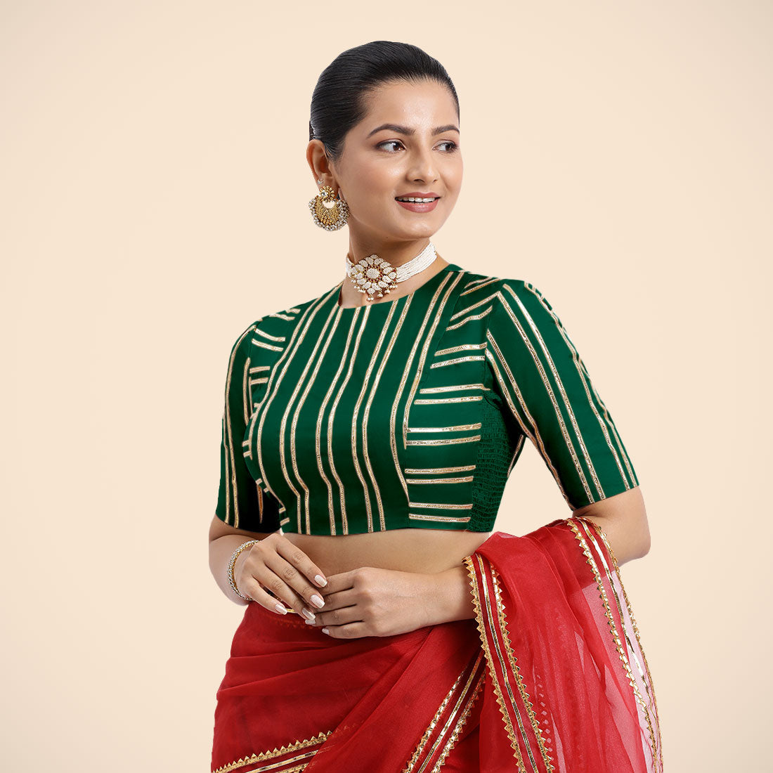 Shaheen x Tyohaar Saree Blouse, in Green Vegan Silk, featuring elbow sleeves, made for party & festive (view 2).