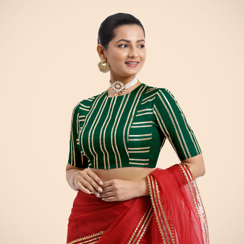 Shaheen x Tyohaar | Bottle Green Elbow Sleeves FlexiFit™ Saree Blouse with Zero Neck with Back Cut-Out and Golden Gota Embellishment-Binks