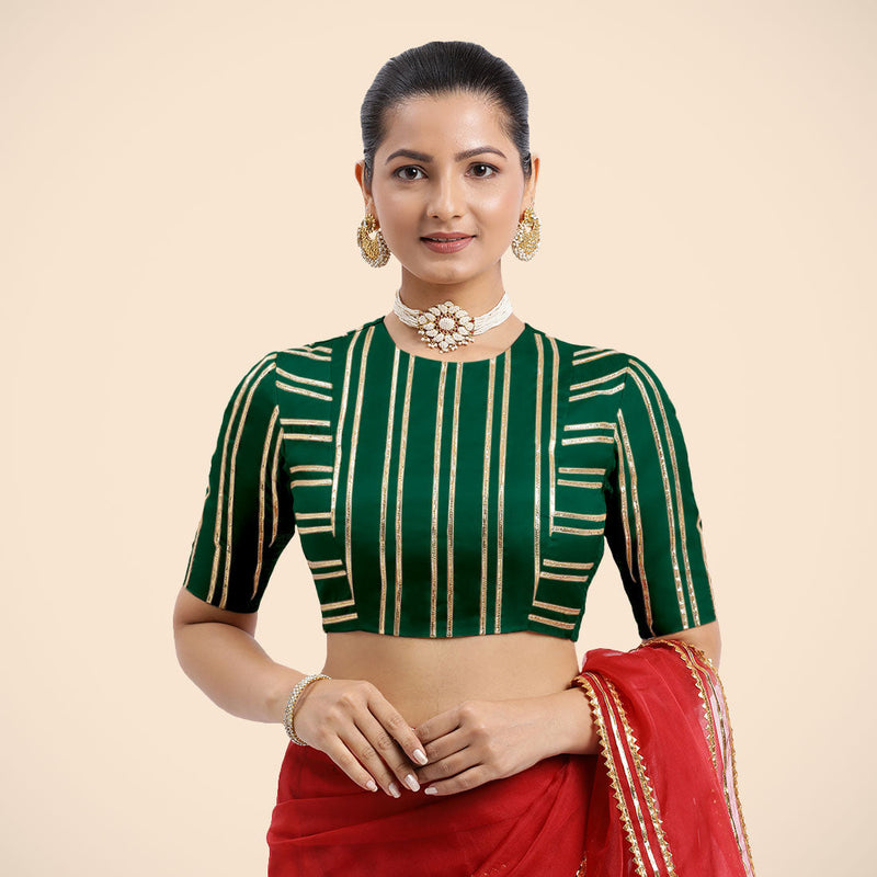 Shaheen x Tyohaar | Bottle Green Elbow Sleeves FlexiFit™ Saree Blouse with Zero Neck with Back Cut-Out and Golden Gota Embellishment-Binks