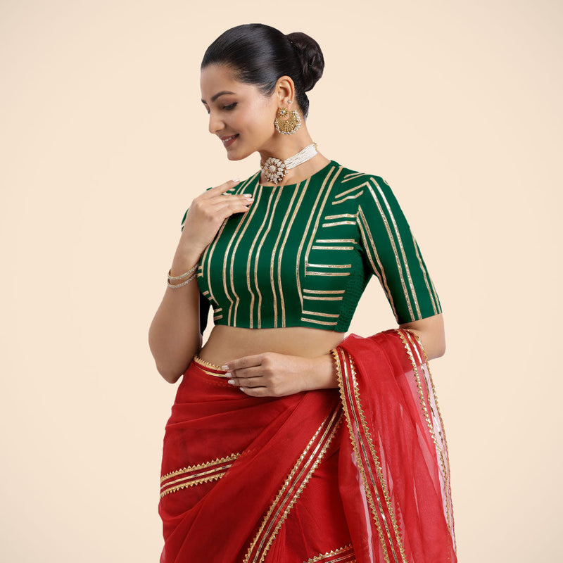 Shaheen x Tyohaar | Bottle Green Elbow Sleeves FlexiFit™ Saree Blouse with Zero Neck with Back Cut-Out and Golden Gota Embellishment-Binks