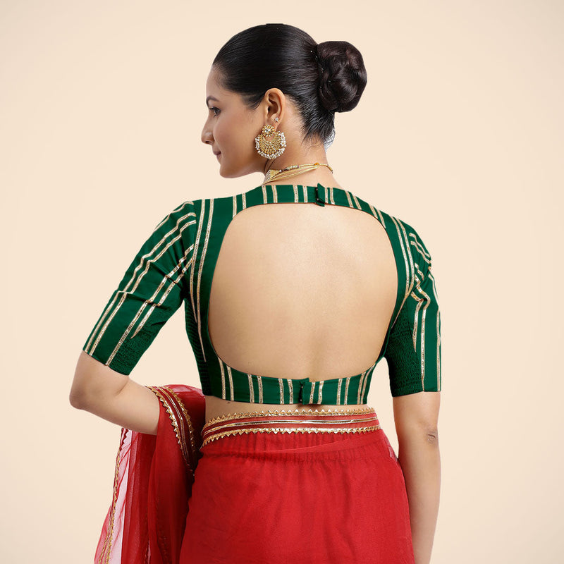 Shaheen x Tyohaar | Bottle Green Elbow Sleeves FlexiFit™ Saree Blouse with Zero Neck with Back Cut-Out and Golden Gota Embellishment-Binks