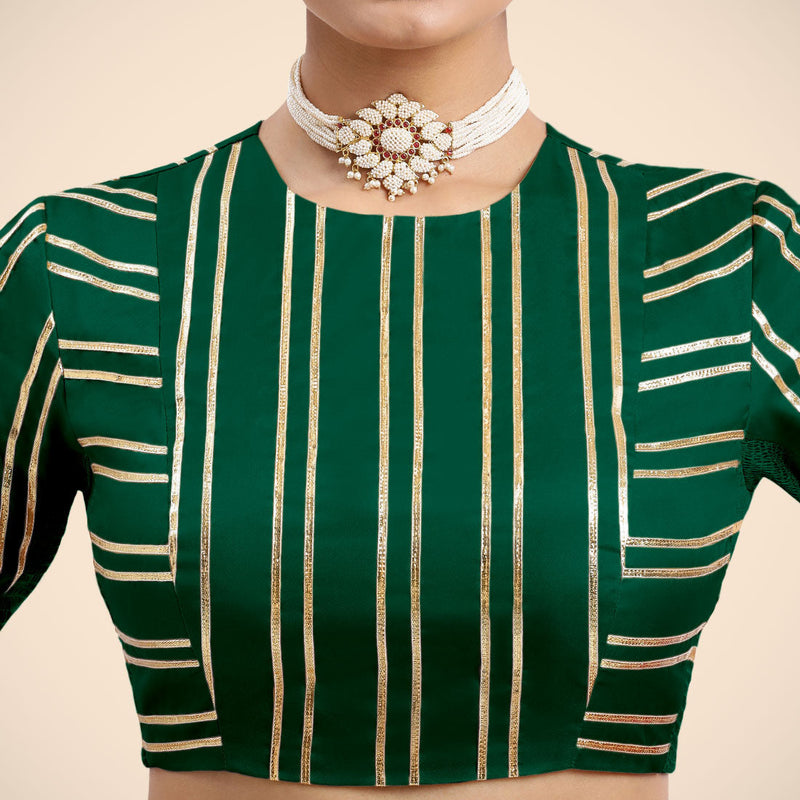 Shaheen x Tyohaar | Bottle Green Elbow Sleeves FlexiFit™ Saree Blouse with Zero Neck with Back Cut-Out and Golden Gota Embellishment-Binks