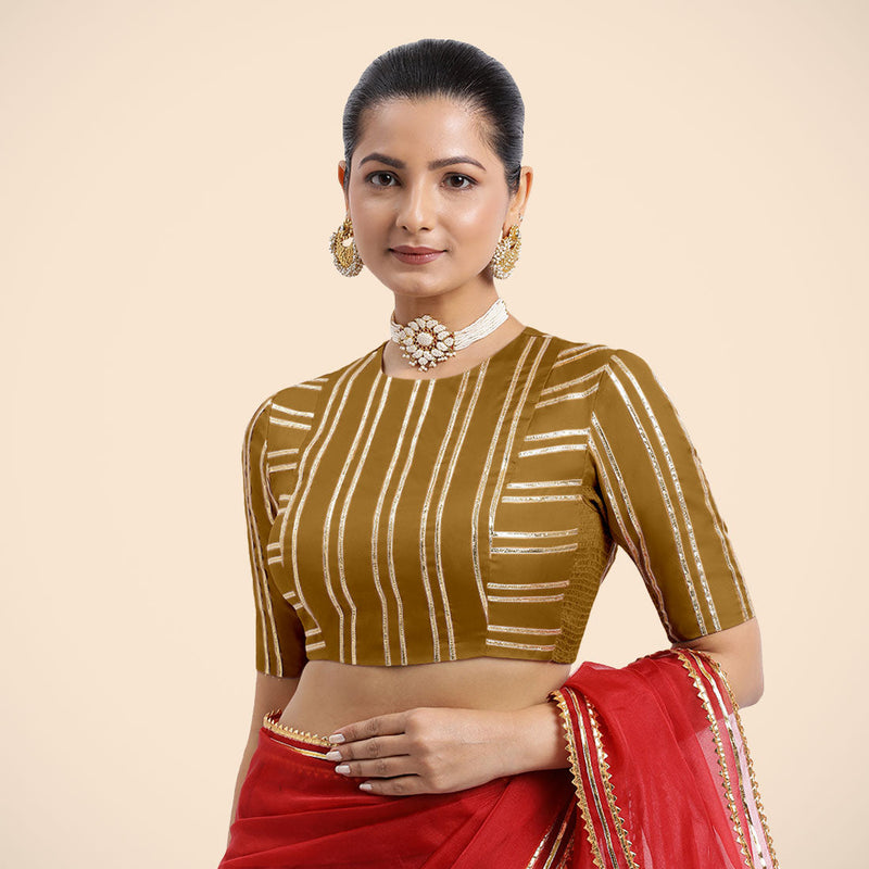 Shaheen x Tyohaar | Bronze Gold Elbow Sleeves FlexiFit™ Saree Blouse with Zero Neck with Back Cut-Out and Golden Gota Embellishment-Binks