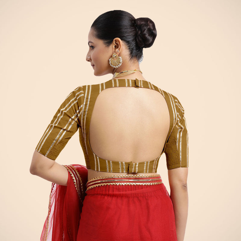 Shaheen x Tyohaar | Bronze Gold Elbow Sleeves FlexiFit™ Saree Blouse with Zero Neck with Back Cut-Out and Golden Gota Embellishment-Binks
