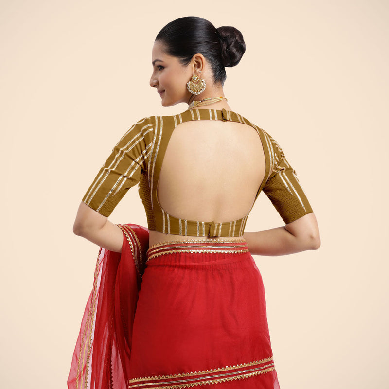 Shaheen x Tyohaar | Bronze Gold Elbow Sleeves FlexiFit™ Saree Blouse with Zero Neck with Back Cut-Out and Golden Gota Embellishment-Binks