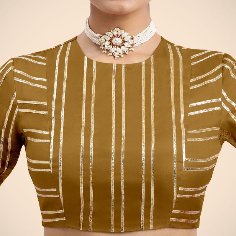 Shaheen x Tyohaar | Bronze Gold Elbow Sleeves FlexiFit™ Saree Blouse with Zero Neck with Back Cut-Out and Golden Gota Embellishment-Binks