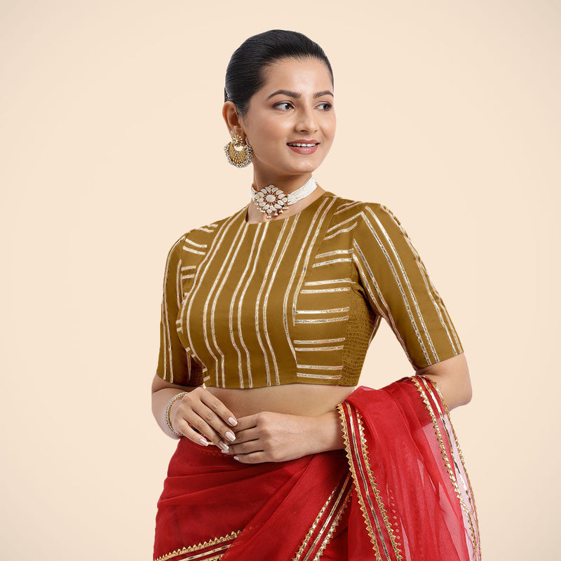 Shaheen x Tyohaar | Bronze Gold Elbow Sleeves FlexiFit™ Saree Blouse with Zero Neck with Back Cut-Out and Golden Gota Embellishment-Binks