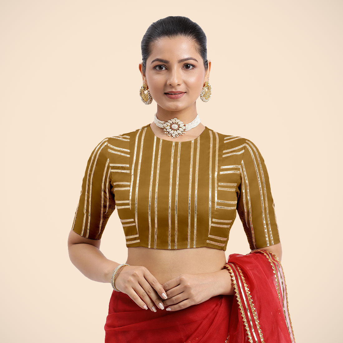 Shaheen x Tyohaar Saree Blouse, in Gold Vegan Silk, featuring elbow sleeves, made for party & festive (view 7).