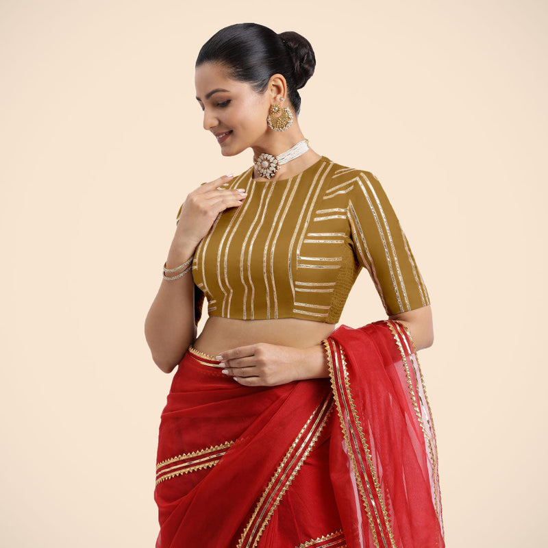 Shaheen x Tyohaar | Bronze Gold Elbow Sleeves FlexiFit™ Saree Blouse with Zero Neck with Back Cut-Out and Golden Gota Embellishment-Binks