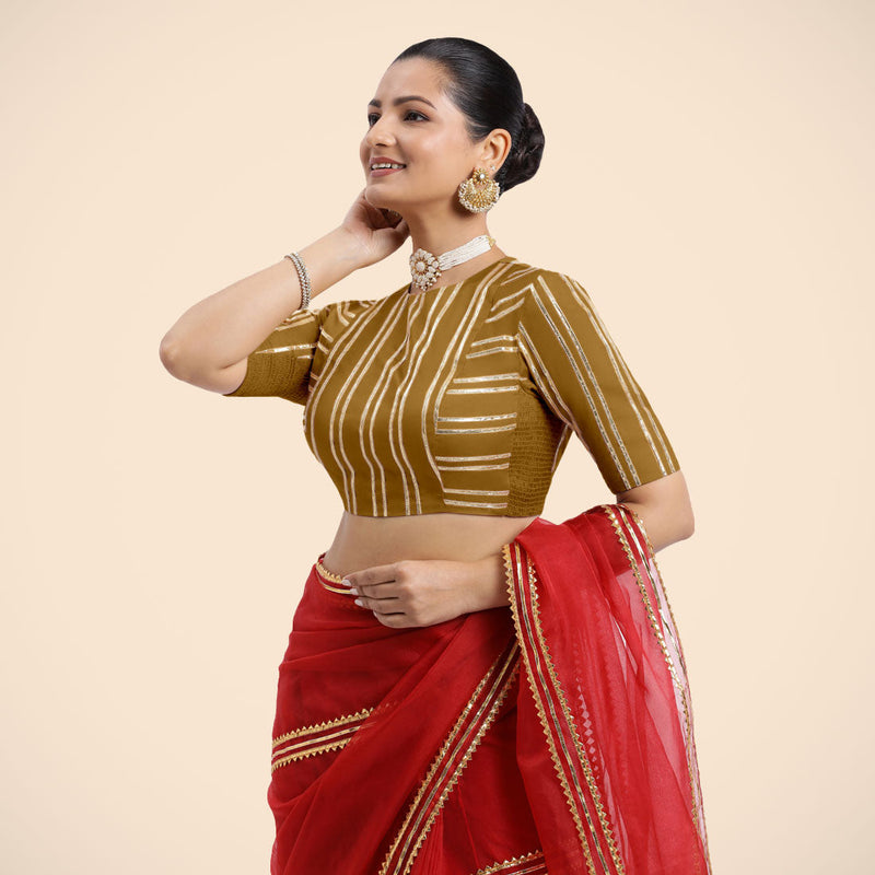 Shaheen x Tyohaar | Bronze Gold Elbow Sleeves FlexiFit™ Saree Blouse with Zero Neck with Back Cut-Out and Golden Gota Embellishment-Binks