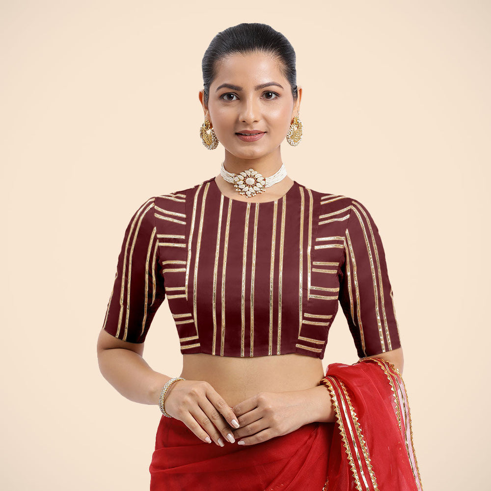 Shaheen x Tyohaar | Burgundy Elbow Sleeves FlexiFit™ Saree Blouse with Zero Neck with Back Cut-Out and Golden Gota Embellishment