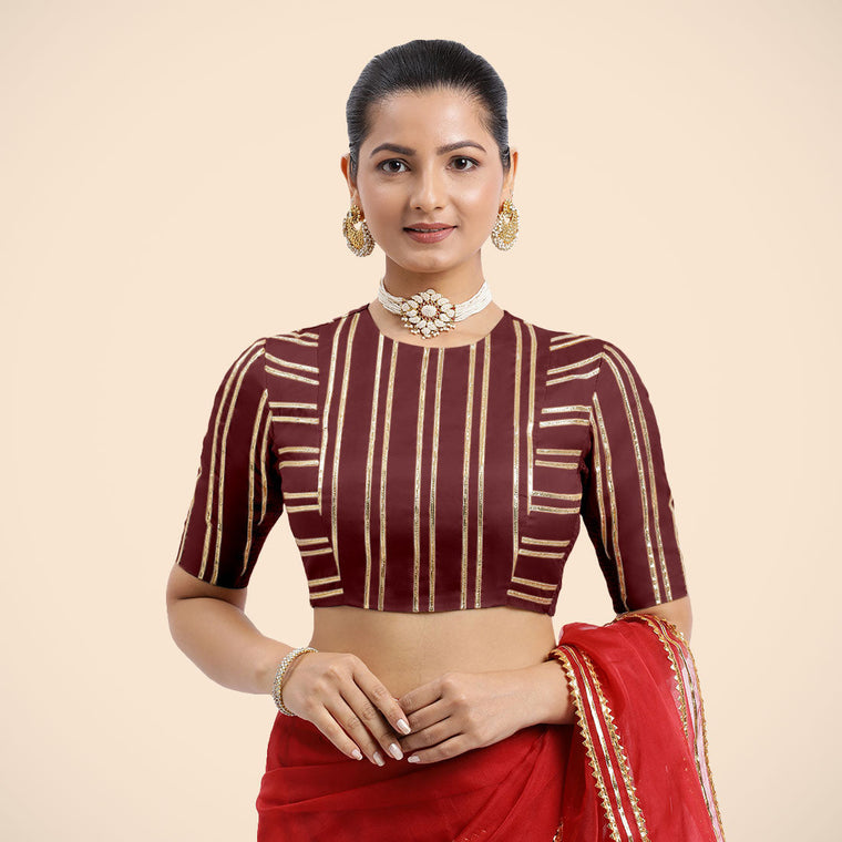 Shaheen x Tyohaar Saree Blouse, in Maroon Vegan Silk, featuring elbow sleeves, made for party & festive.