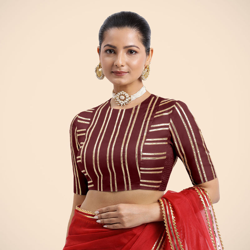 Shaheen x Tyohaar | Burgundy Elbow Sleeves FlexiFit™ Saree Blouse with Zero Neck with Back Cut-Out and Golden Gota Embellishment-Binks