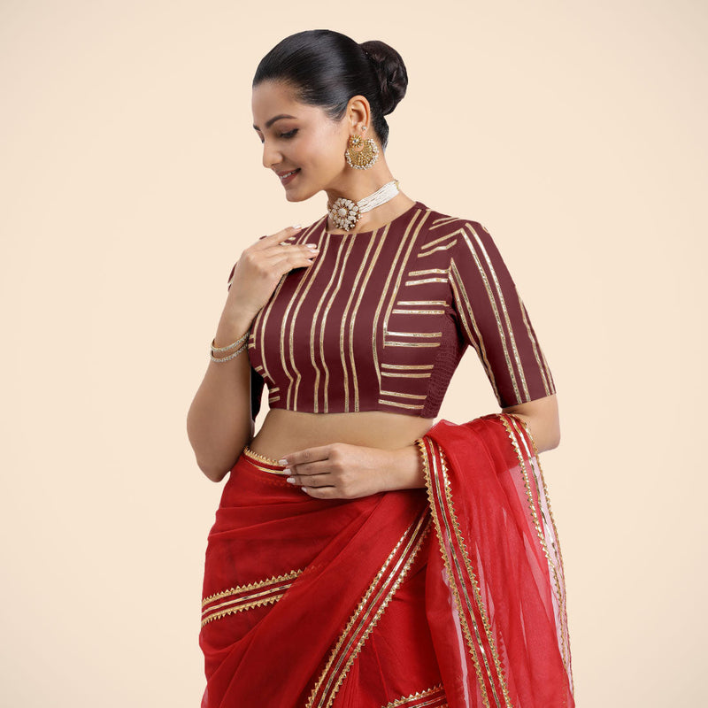 Shaheen x Tyohaar | Burgundy Elbow Sleeves FlexiFit™ Saree Blouse with Zero Neck with Back Cut-Out and Golden Gota Embellishment-Binks