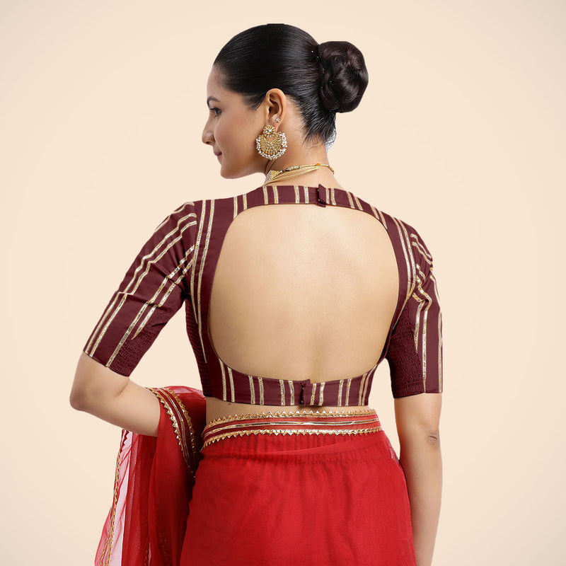Shaheen x Tyohaar | Burgundy Elbow Sleeves FlexiFit™ Saree Blouse with Zero Neck with Back Cut-Out and Golden Gota Embellishment-Binks