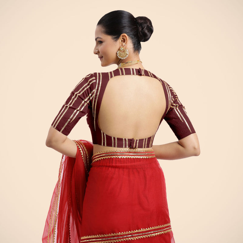 Shaheen x Tyohaar | Burgundy Elbow Sleeves FlexiFit™ Saree Blouse with Zero Neck with Back Cut-Out and Golden Gota Embellishment-Binks