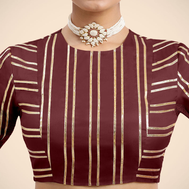 Shaheen x Tyohaar | Burgundy Elbow Sleeves FlexiFit™ Saree Blouse with Zero Neck with Back Cut-Out and Golden Gota Embellishment-Binks