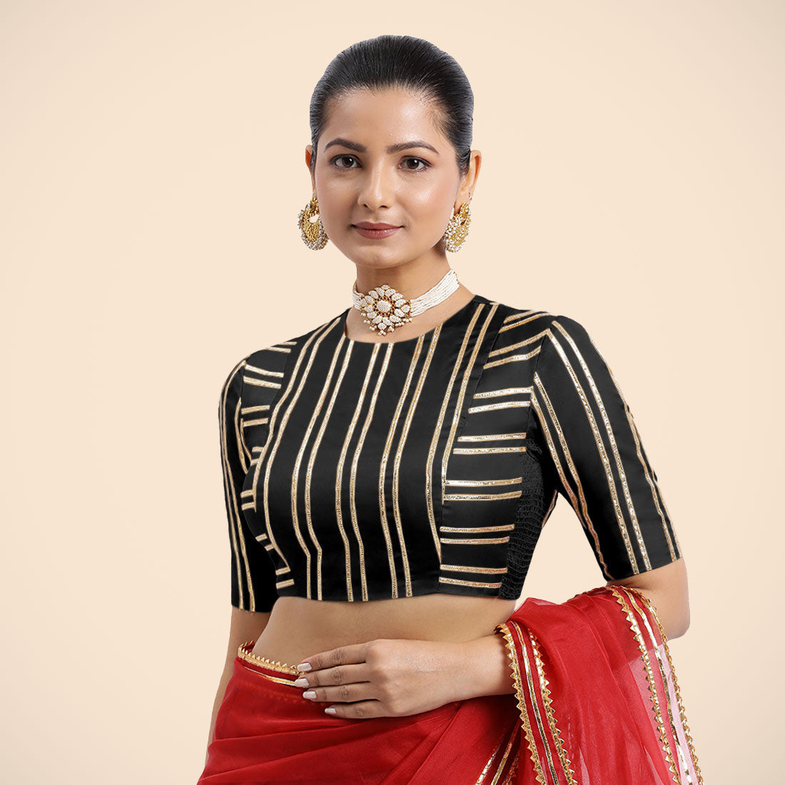 Shaheen x Tyohaar Saree Blouse, in Black Vegan Silk, featuring elbow sleeves, made for party & festive (view 5).