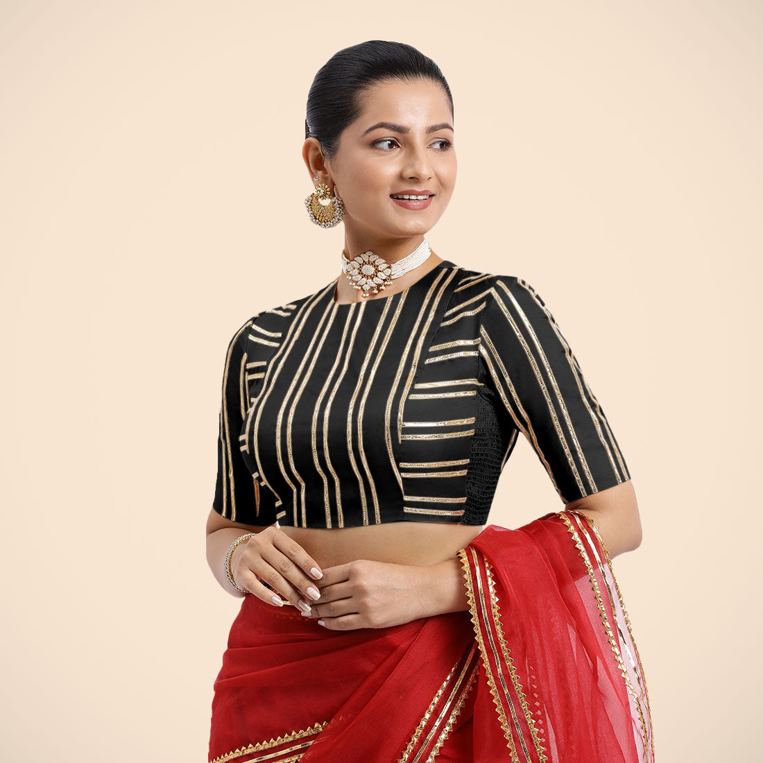 Shaheen x Tyohaar Saree Blouse, in Black Vegan Silk, featuring elbow sleeves, made for party & festive (view 6).