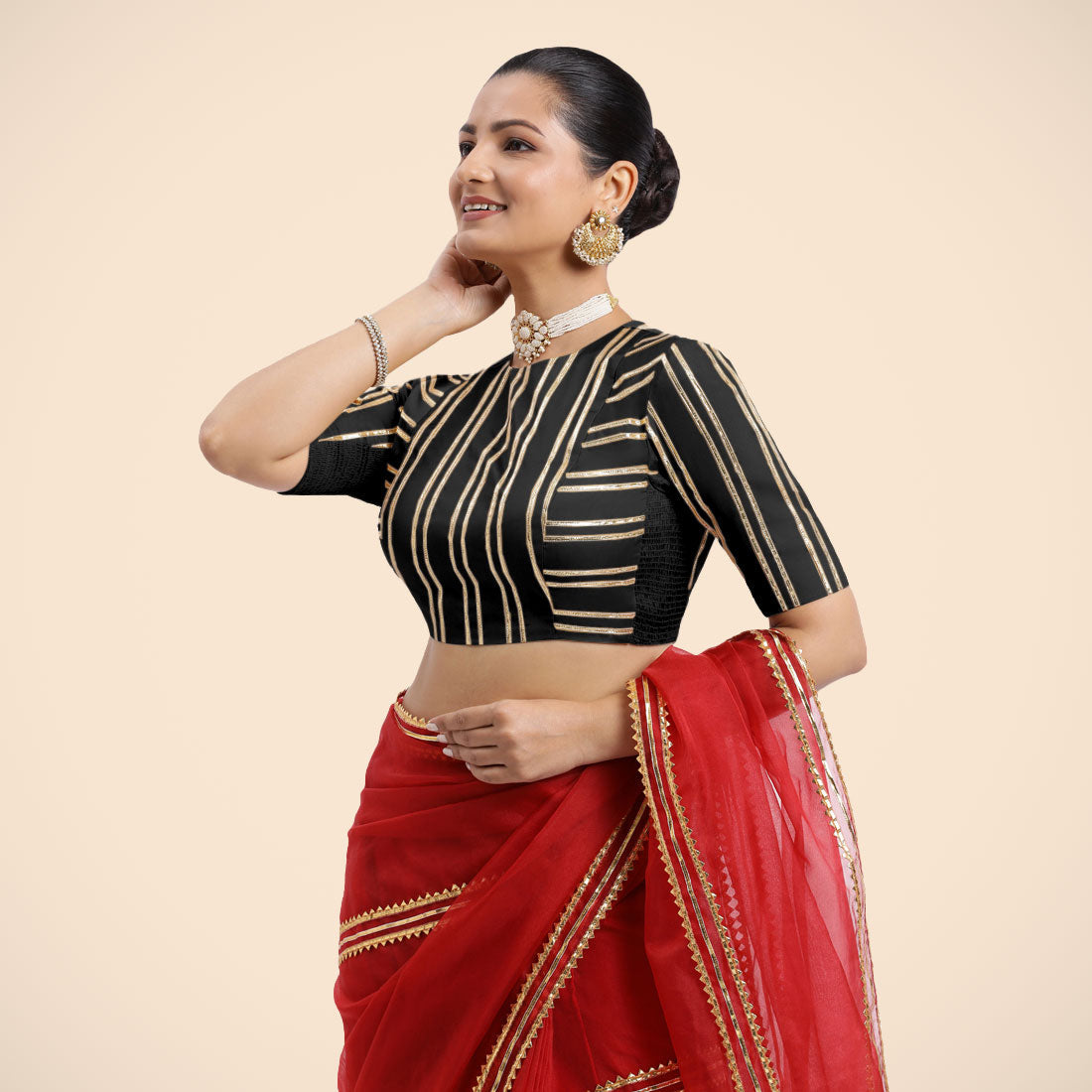Shaheen x Tyohaar Saree Blouse, in Black Vegan Silk, featuring elbow sleeves, made for party & festive (view 8).