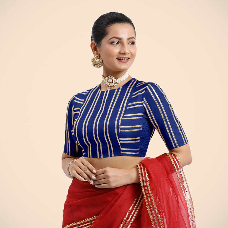 Shaheen x Tyohaar | Cobalt Blue Elbow Sleeves FlexiFit™ Saree Blouse with Zero Neck with Back Cut-Out and Golden Gota Embellishment-Binks