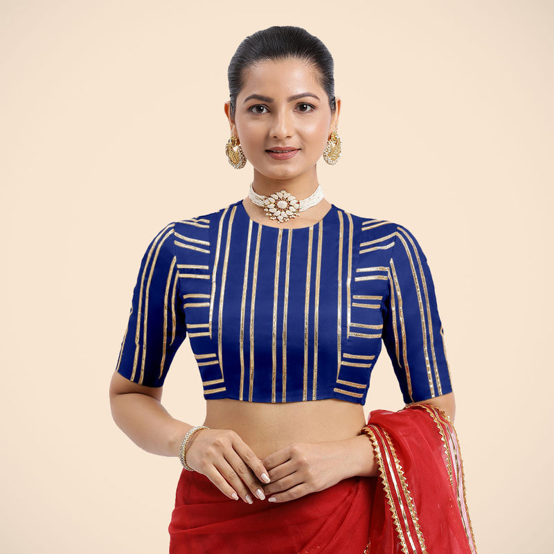 Shaheen x Tyohaar | Cobalt Blue Elbow Sleeves FlexiFit™ Saree Blouse with Zero Neck with Back Cut-Out and Golden Gota Embellishment-Binks