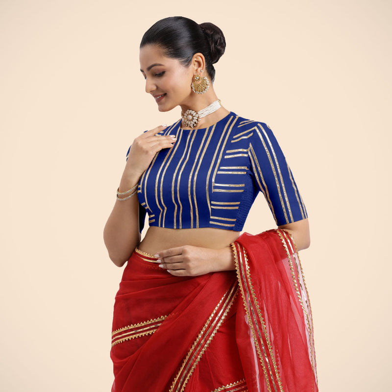 Shaheen x Tyohaar | Cobalt Blue Elbow Sleeves FlexiFit™ Saree Blouse with Zero Neck with Back Cut-Out and Golden Gota Embellishment-Binks