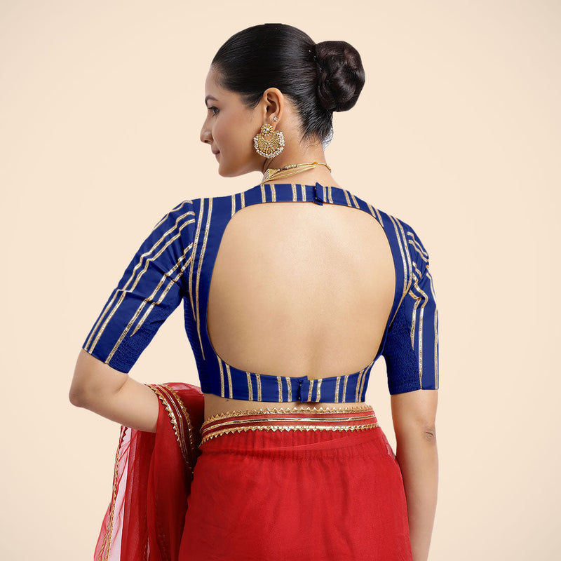 Shaheen x Tyohaar | Cobalt Blue Elbow Sleeves FlexiFit™ Saree Blouse with Zero Neck with Back Cut-Out and Golden Gota Embellishment-Binks