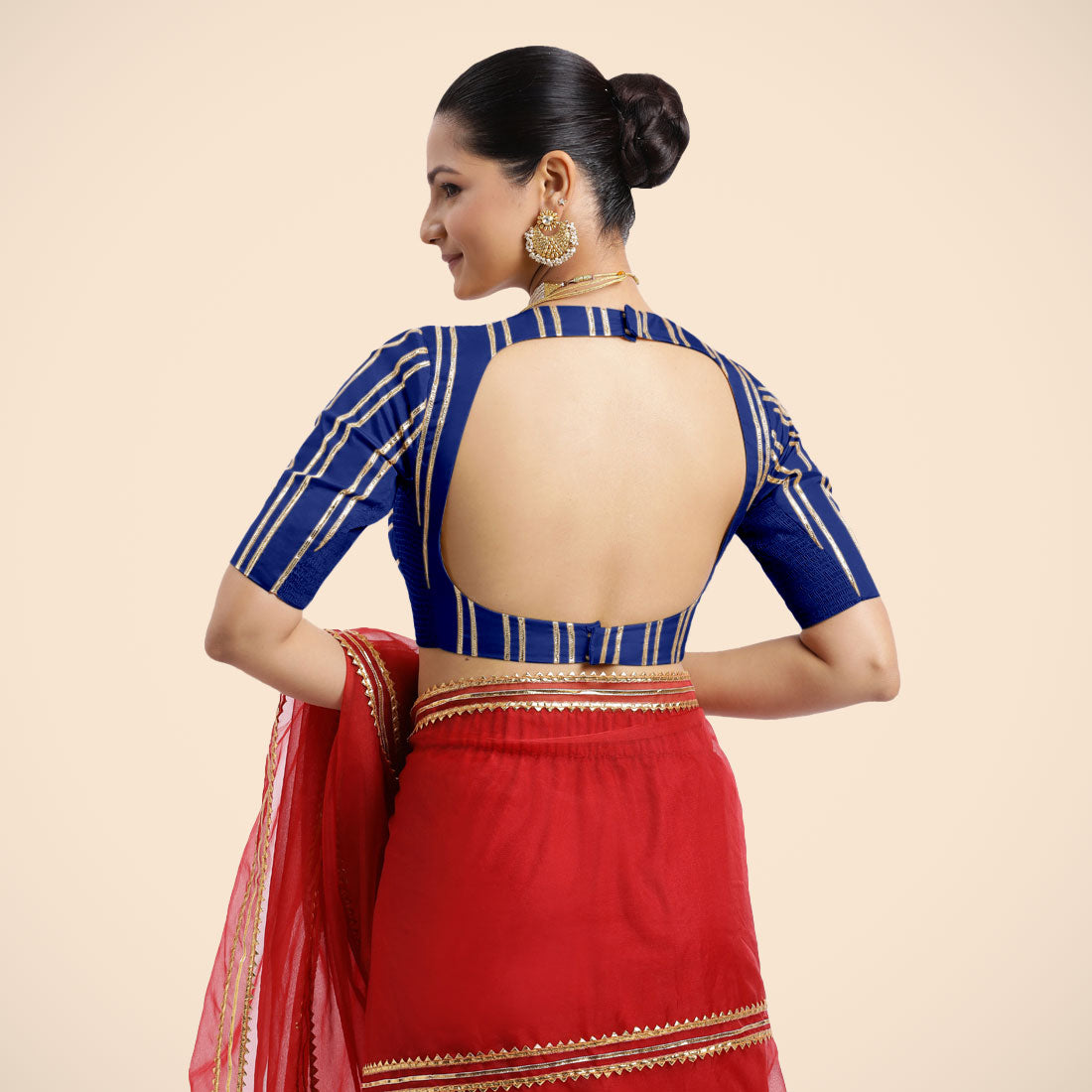 Shaheen x Tyohaar Saree Blouse, in Blue Vegan Silk, featuring elbow sleeves, made for party & festive (view 7).