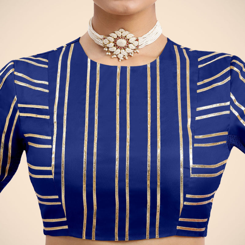 Shaheen x Tyohaar | Cobalt Blue Elbow Sleeves FlexiFit™ Saree Blouse with Zero Neck with Back Cut-Out and Golden Gota Embellishment-Binks