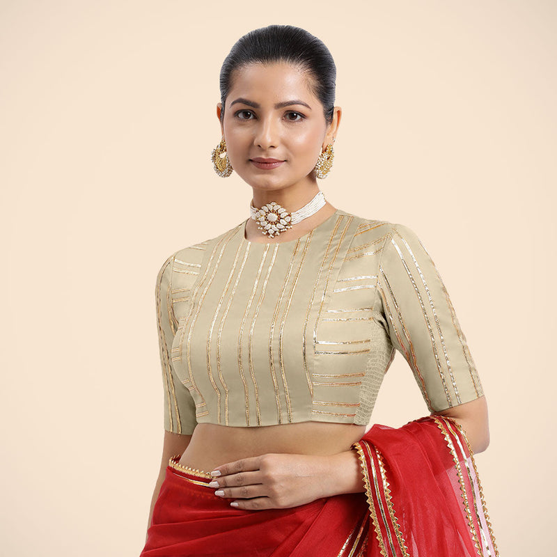 Shaheen x Tyohaar | Cream Elbow Sleeves FlexiFit™ Saree Blouse with Zero Neck with Back Cut-Out and Golden Gota Embellishment-Binks