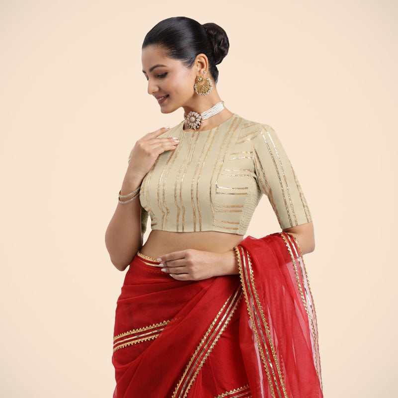 Shaheen x Tyohaar | Cream Elbow Sleeves FlexiFit™ Saree Blouse with Zero Neck with Back Cut-Out and Golden Gota Embellishment-Binks