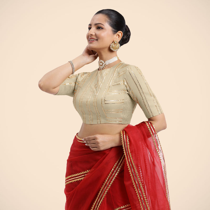 Shaheen x Tyohaar | Cream Elbow Sleeves FlexiFit™ Saree Blouse with Zero Neck with Back Cut-Out and Golden Gota Embellishment-Binks