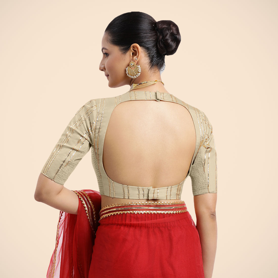 Shaheen x Tyohaar Saree Blouse, in Cream Vegan Silk, featuring elbow sleeves, made for party & festive (view 2).
