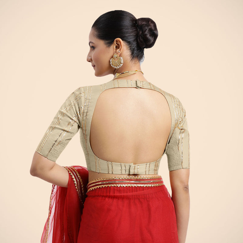 Shaheen x Tyohaar | Cream Elbow Sleeves FlexiFit™ Saree Blouse with Zero Neck with Back Cut-Out and Golden Gota Embellishment-Binks