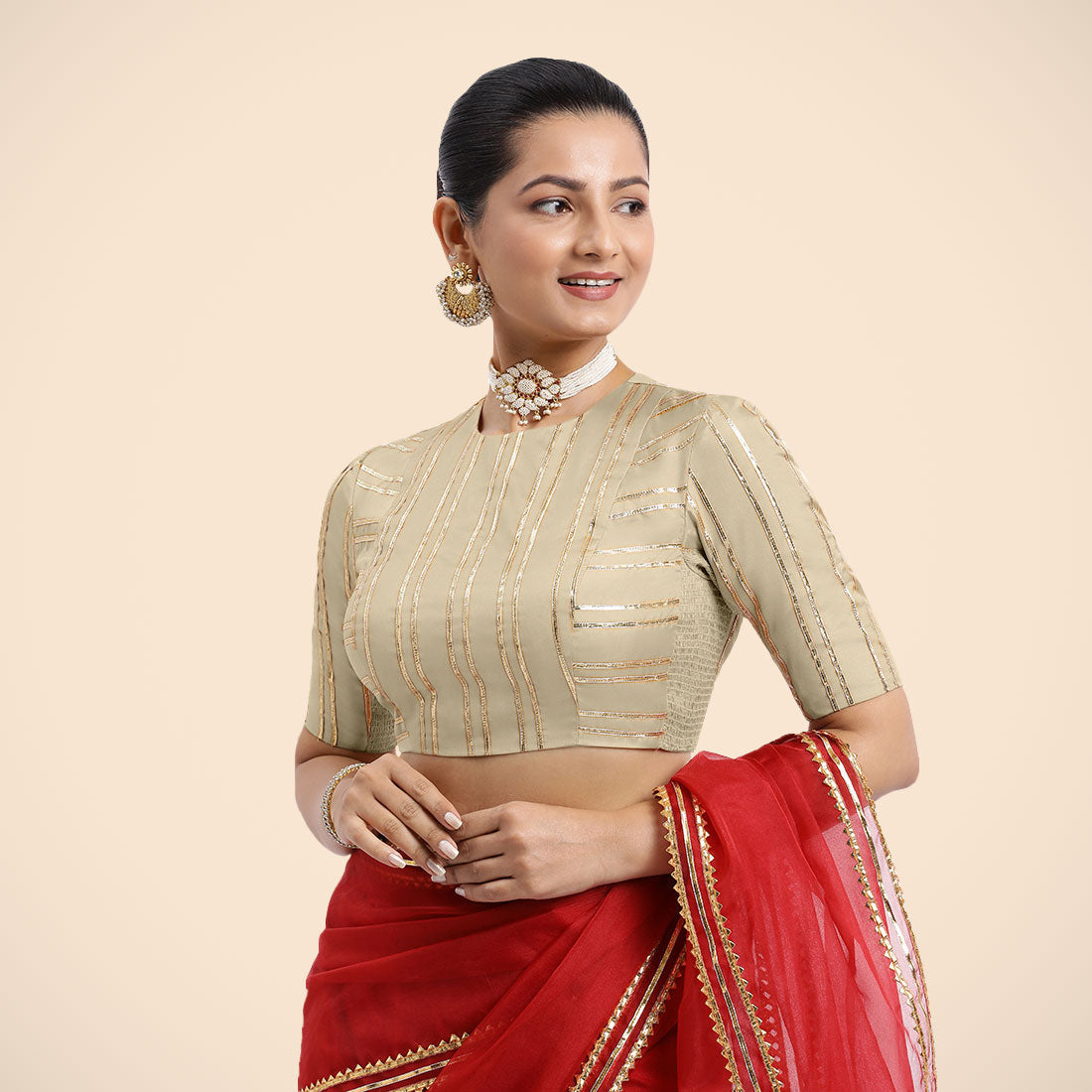 Shaheen x Tyohaar Saree Blouse, in Cream Vegan Silk, featuring elbow sleeves, made for party & festive (view 7).
