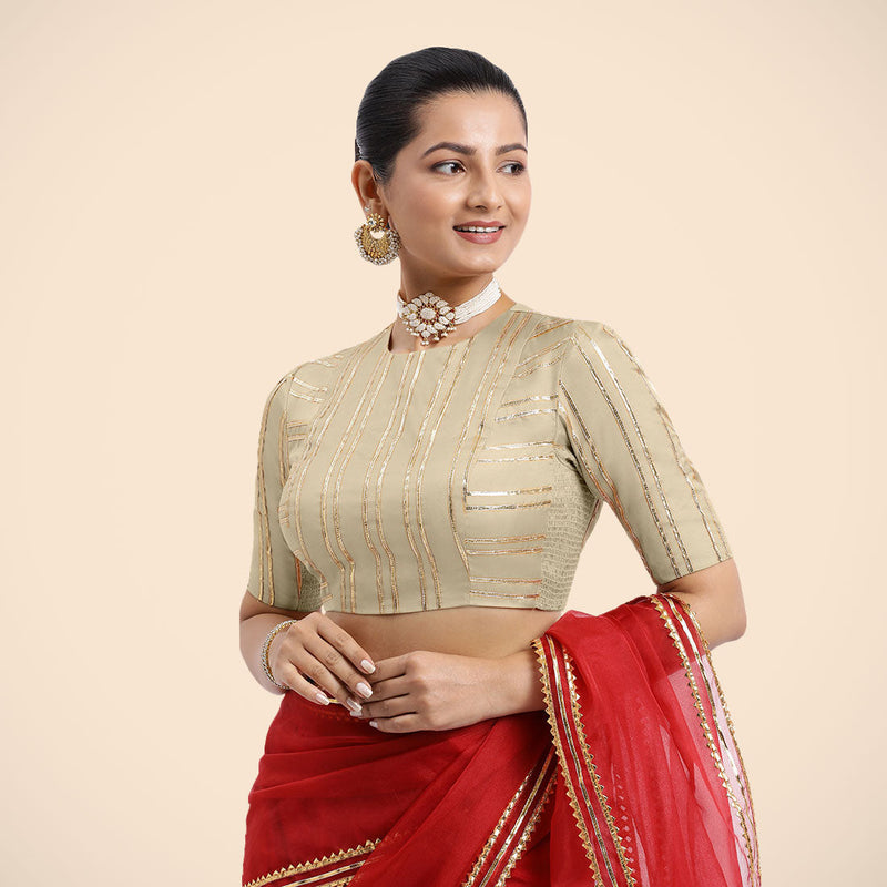Shaheen x Tyohaar | Cream Elbow Sleeves FlexiFit™ Saree Blouse with Zero Neck with Back Cut-Out and Golden Gota Embellishment-Binks