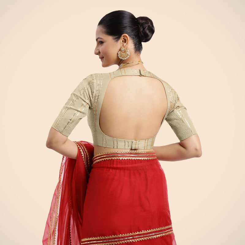 Shaheen x Tyohaar | Cream Elbow Sleeves FlexiFit™ Saree Blouse with Zero Neck with Back Cut-Out and Golden Gota Embellishment-Binks