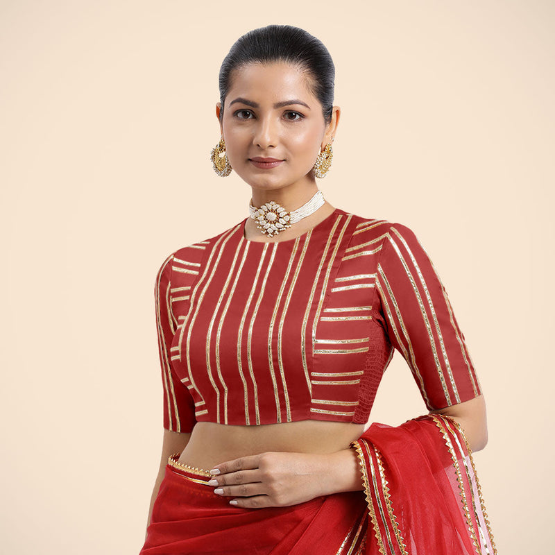 Shaheen x Tyohaar | Crimson Red Elbow Sleeves FlexiFit™ Saree Blouse with Zero Neck with Back Cut-Out and Golden Gota Embellishment-Binks