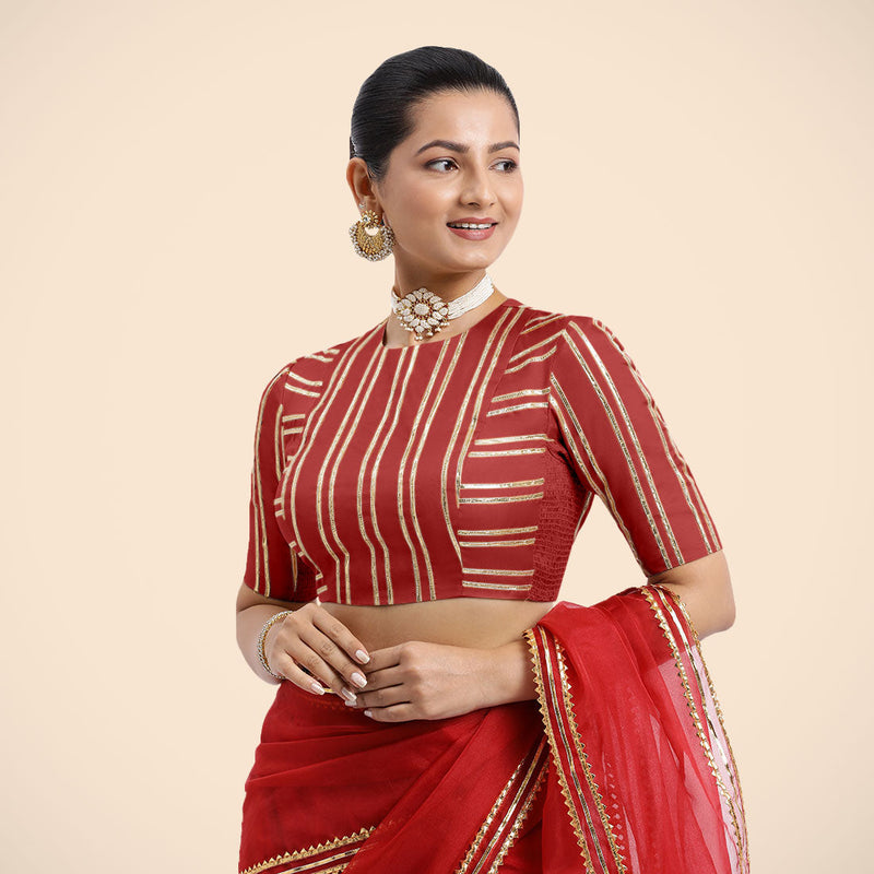 Shaheen x Tyohaar | Crimson Red Elbow Sleeves FlexiFit™ Saree Blouse with Zero Neck with Back Cut-Out and Golden Gota Embellishment-Binks