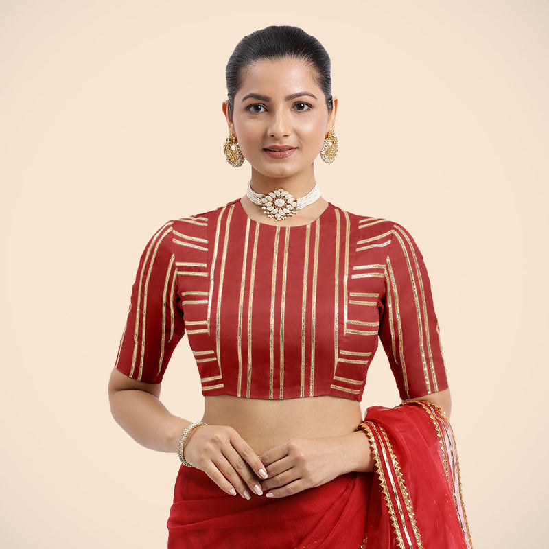 Shaheen x Tyohaar | Crimson Red Elbow Sleeves FlexiFit™ Saree Blouse with Zero Neck with Back Cut-Out and Golden Gota Embellishment-Binks